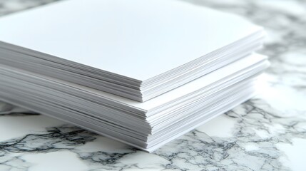 A stack of white paper on a white marble table surface, high resolution, studio lighting, clean and minimalist, sharp focus, professional photography.