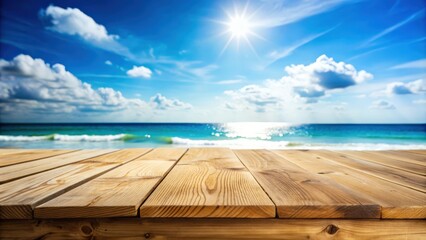 Fototapeta premium Wood table top with a blurred summer beach and sky background , wood, table, top, blurred, summer, beach, sky, background