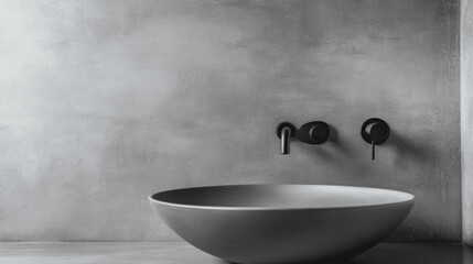 Minimalist Bathroom with Grey Ceramic Vessel Sink and Black Wall-Mounted Faucet