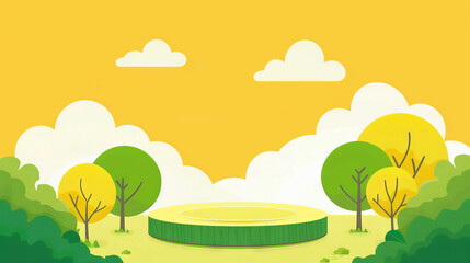 Fototapeta premium A flat cartoon illustration of a product display with trees and clouds on a yellow background. advertising or product promotion.