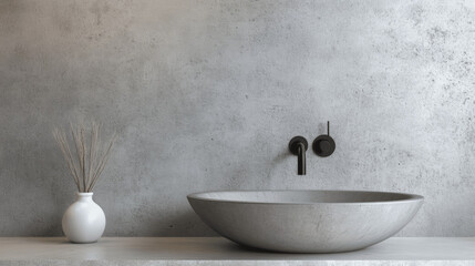 Minimalist Bathroom with Grey Ceramic Vessel Sink and Black Wall-Mounted Faucet