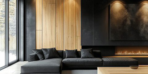 Minimalist Modern Living Room with Black Sofa and Wooden Paneling Wall