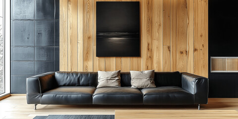 Minimalist Modern Living Room with Black Sofa and Wooden Paneling Wall