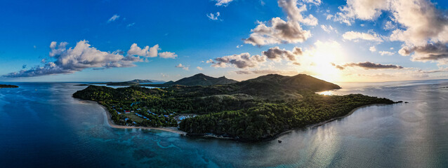 Aerial view of the Yasawa Islands at sunset