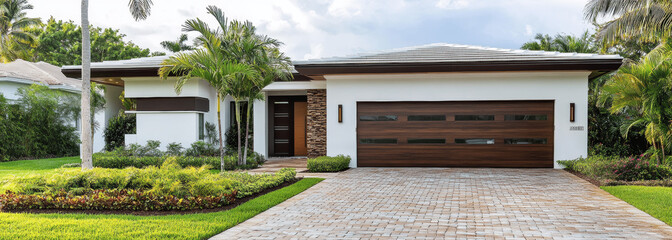 Modern Miami Home with Brick Driveway, Palm Trees, and White-Brown Garage Door