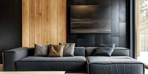Minimalist Modern Living Room with Black Sofa and Wooden Paneling Wall