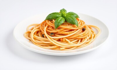 plate of spaghetti close-up white background
