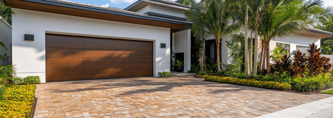 Modern Miami Home with Brick Driveway, Palm Trees, and White-Brown Garage Door