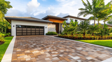 Modern Miami Home with Brick Driveway, Palm Trees, and White-Brown Garage Door