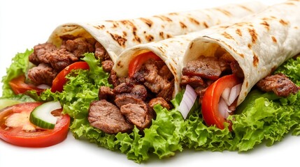 Doner kebab or shawarma with ingredients: beef meat, lettuce, onion, tomatos, spice. White background. Clipping path