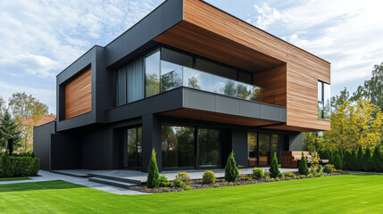 Modern Luxury Minimalist Cubic House with Wooden Cladding and Black Panel Walls 