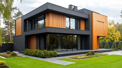 Modern Luxury Minimalist Cubic House with Wooden Cladding and Black Panel Walls 