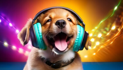happy puppy adorned with colorful headphones enjoys the beat, perfect for music promotions