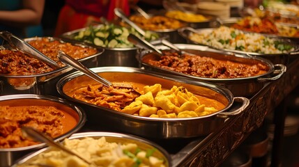 Obraz premium gourmet buffet spread, vibrant colorful dishes, diverse cuisine, appetizing food display, stainless steel serving trays, assorted vegetables, spicy curries, crispy samosas.