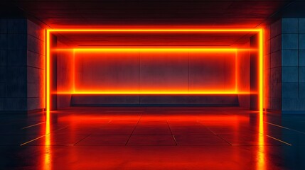 Minimalist neon installation, horizontal orange light bar, dark reflective floor, futuristic aesthetic, sci-fi atmosphere, sleek design, cyberpunk inspired, moody ambiance.
