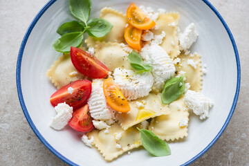 Blue and white plate with ravioli, ricotta cheese, tomatoes and fresh basil, horizontal shot, middle close-up, selective focus