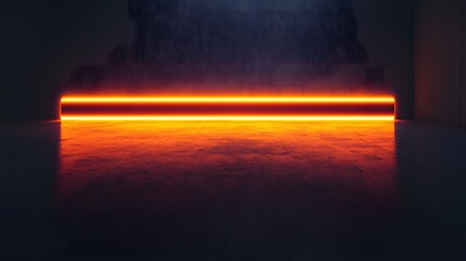 Minimalist neon installation, horizontal orange light bar, dark reflective floor, futuristic aesthetic, sci-fi atmosphere, sleek design, cyberpunk inspired, moody ambiance.