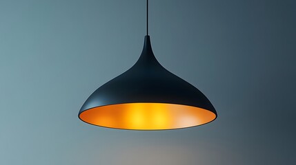 Fototapeta premium Minimalist pendant light, dome-shaped black lampshade, illuminated interior, pure white background, suspended ceiling fixture, modern lighting design, industrial style.