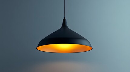 Fototapeta premium Minimalist pendant light, dome-shaped black lampshade, illuminated interior, pure white background, suspended ceiling fixture, modern lighting design, industrial style.