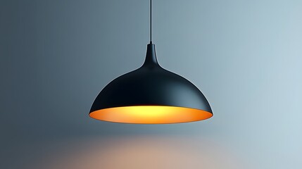 Fototapeta premium Minimalist pendant light, dome-shaped black lampshade, illuminated interior, pure white background, suspended ceiling fixture, modern lighting design, industrial style.