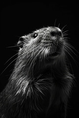 portrait studio photograph of coypu black and white
