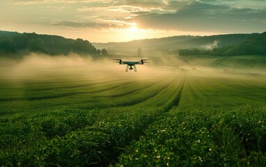 Drone flying over foggy field at sunrise