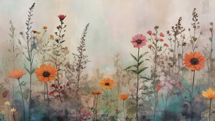 Artwork in mixed media, minimalist garden in bohemian style with floral background