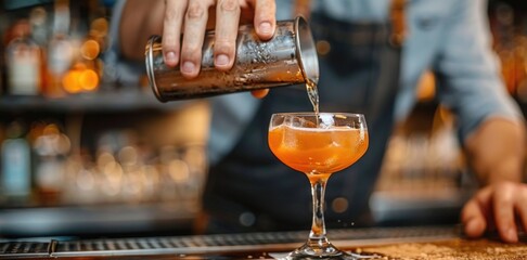 Bartender Mixing Craft Cocktail in Trendy Bar Setting with Vibrant Atmosphere