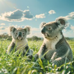 Obraz premium Two koalas sitting in grass on sunny day