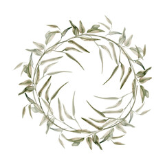 Greenery eucalyptus floral watercolor wreath. Hand drawn round frame with botanical elements, green leaves for label, logo, packing design. Eco, poster, minimalism decor.