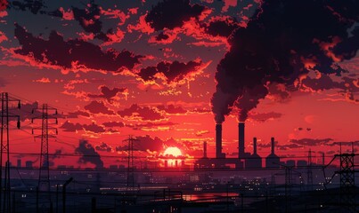 Obraz premium Industrial plant at sunset with smoke and flames