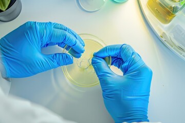 Fototapeta premium Scientist Handling Lab Samples with Blue Gloves for Biological Research in a Petri Dish
