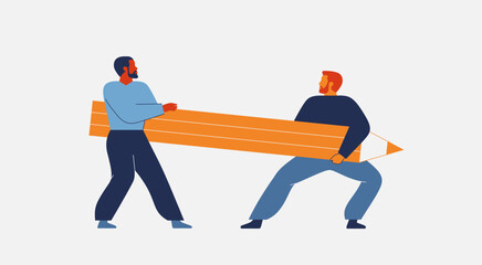 Obraz premium Idea theft and copyright infringement. Two men pull of pencil. Coworker or boss takes credit of creative work or product that to be owned by another. Stole intellectual contribution. Vector