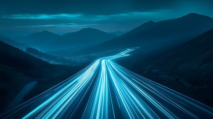 Teal light trails, high-speed highway, long exposure night photography, futuristic transportation, glowing cyan streaks, mountain silhouettes, twilight sky, motion blur, dynamic energy.