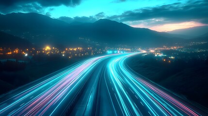 Teal light trails, high-speed highway, long exposure night photography, futuristic transportation, glowing cyan streaks, mountain silhouettes, twilight sky, motion blur, dynamic energy.