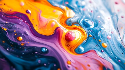 Vibrant multicolored paint splashes, dynamic liquid abstract, high-contrast fluid art, explosive color burst, cyan, magenta, yellow, orange, purple hues, white background.