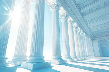 A long, narrow hallway with white pillars and a blue sky outside,