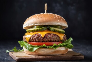 Delicious vegan burger on a dark background with copy space. Plant-based meat concept.