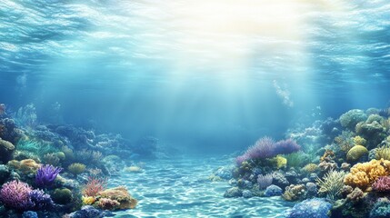 Beautiful underwater scene with vibrant coral reefs and sunlight streaming through the clear blue water, creating a serene and tranquil marine landscape.