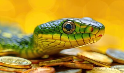 Obraz premium Close-up of a green snake coiled on a stack of shiny gold coins.