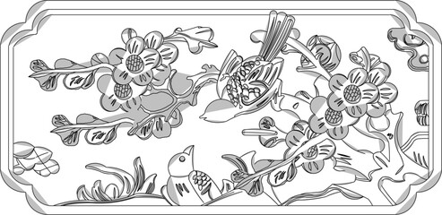 Vector sketch, illustration, silhouette, design, frame, background, pattern, natural floral ornament, classic vintage, ethnic, traditional Chinese