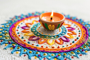 Traditional oil lamp with rangoli design