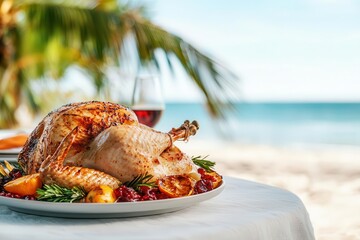 Close-up of a turkey platter being served on a beach table, with sand, sea, and palm trees in the background, Thanksgiving at the beach, coastal dining