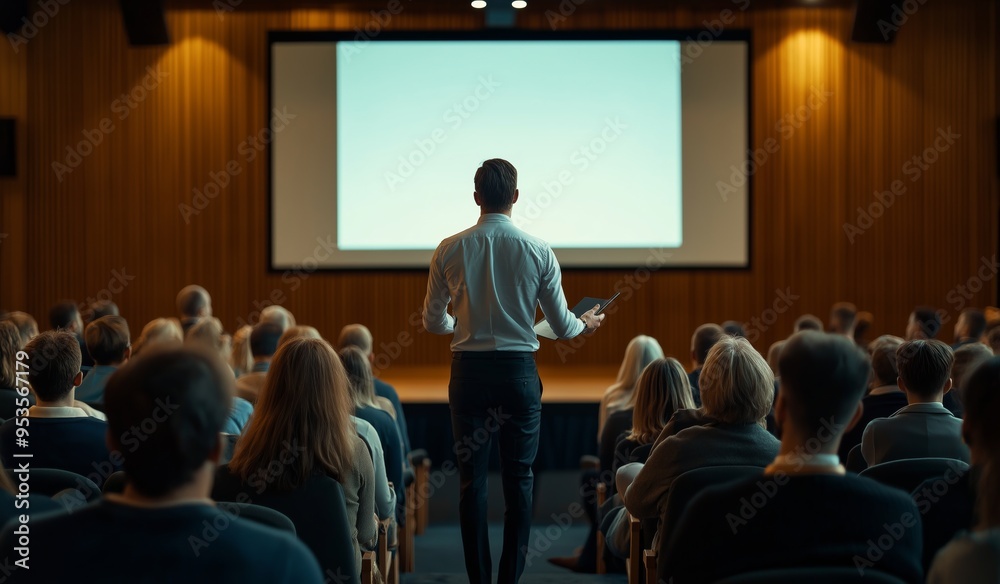 Aufkleber An Engaging Business Presentation in a Conference Setting Delivering a captivating overview during a conference, fostering collaboration and communication while addressing various business themes