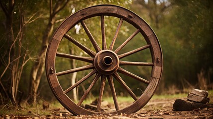An old wooden wagon wheel leaning up in outdoor area. Neural network ai generated art