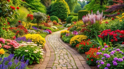 Fototapeta premium Lush blooming garden with colorful flowers and a paved path , Summer, garden, blooming, lush, vibrant, colorful, flowers