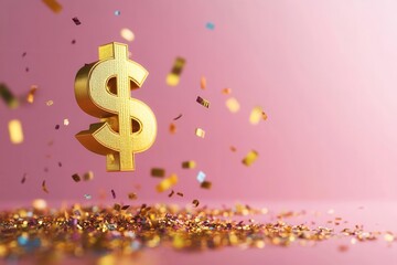 Pay day banner, golden dollar signs with confetti, payday celebration, 3D illustration