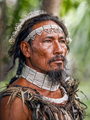 A proud indigenous man in traditional dress stands beneath the leafy canopy, embodying cultural heritage and resistance.