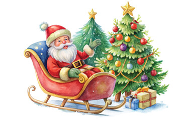 Watercolor Christmas illustration. Santa Clause in sleigh, Christmas tree on white background