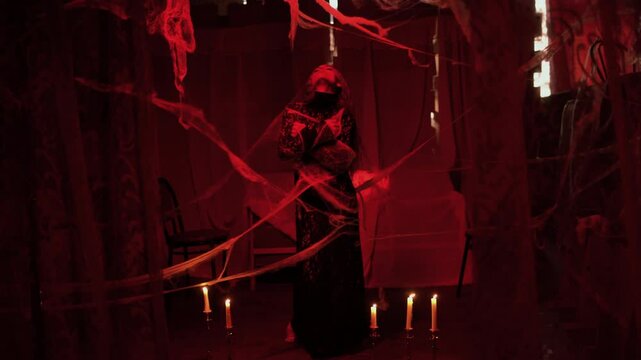 Art Fantasy woman witch wearing cobweb creates magic hands in dark gothic room full candles